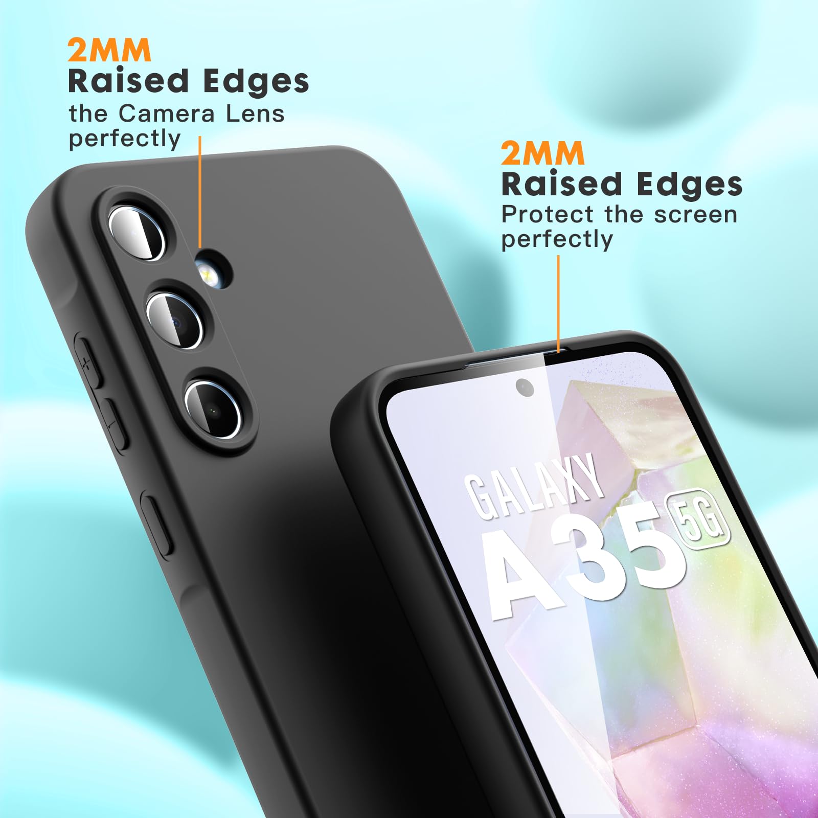 Vansdon Cover Compatibile con Samsung Galaxy A35 5G, 2 Pellicola Protettiva in Vetro Temperato, Gomma Gel di Silicone Liquida Antiurto Custodia - Nero