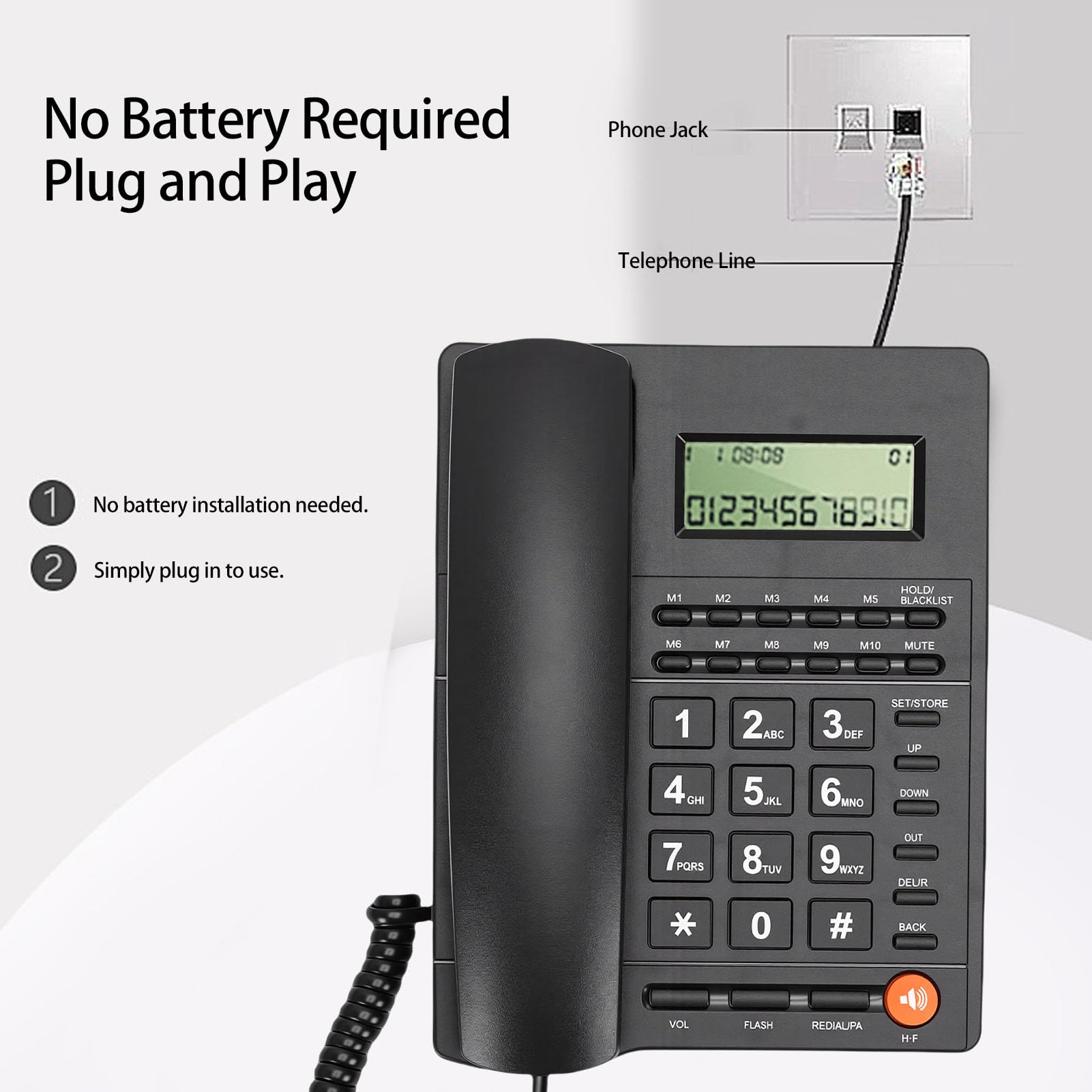 SENECESLI Telefono fisso cablato con segreteria telefonica digitale con riconoscimento chiamante, suoneria di chiamata regolabile tramite tasti grandi, nessuna alimentazione necessaria per le