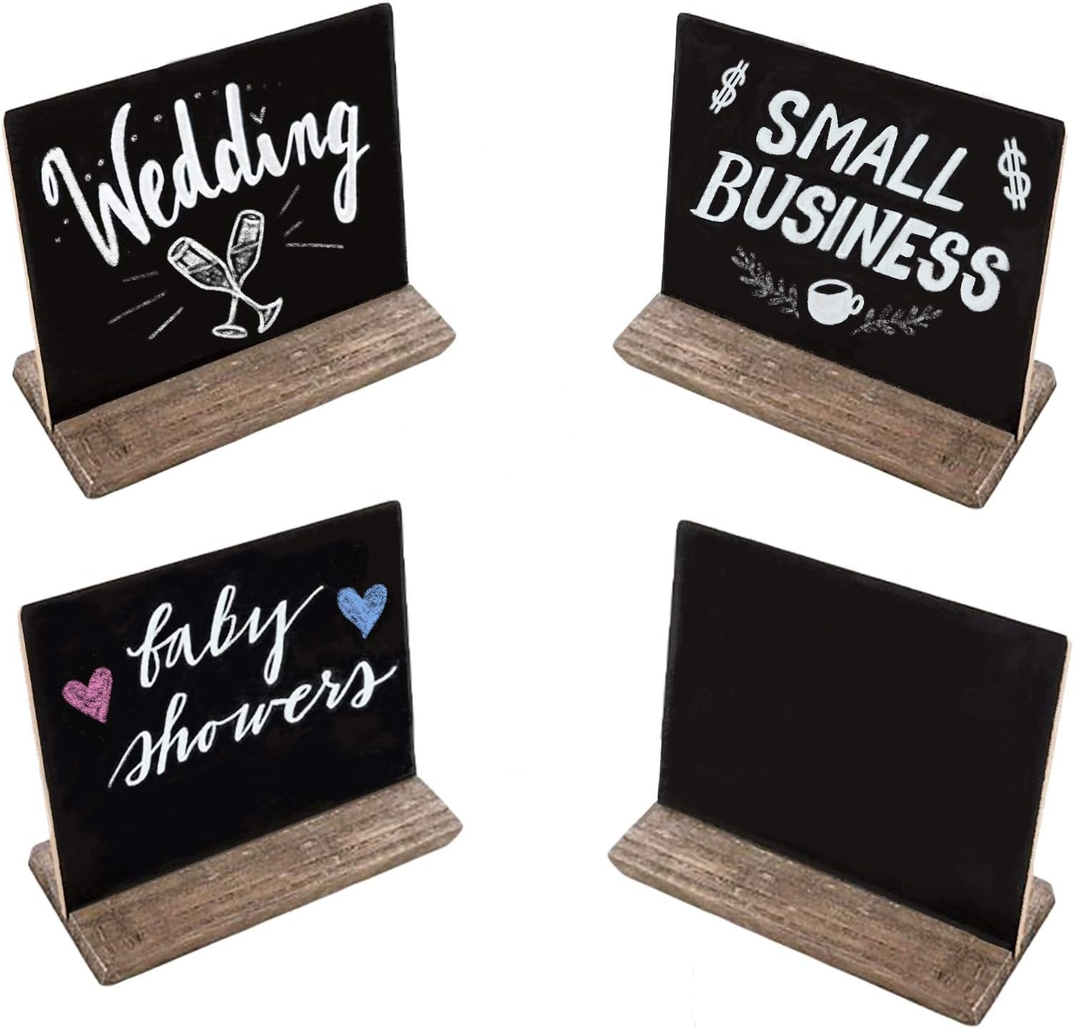 Mini Chalkboard Signs with Wooden Stands + 12 Pack of Chalk | Small Tabletop Size Chalkboards | Rustic Wedding Decorations | Baby Showers | 5” X 6” Set of 4 | Bonus Chalk Art E-Book