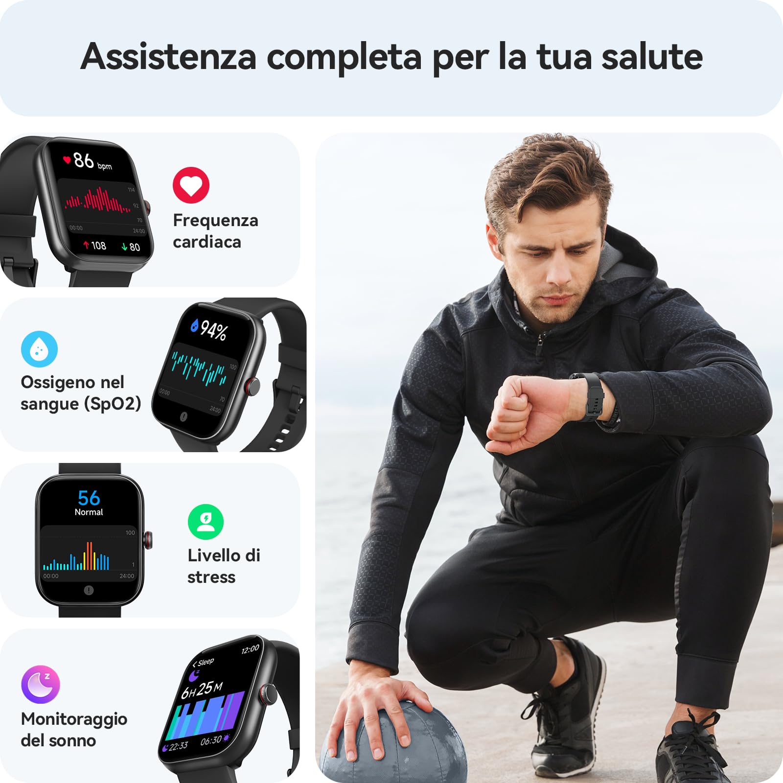 Smartwatch Uomo Donna, 1.91" Orologio Smartwatch con Chiamate Bluetooth e Alexa, Fitness Tracker con Contapassi, Cardiofrequenzimetro/Sonno/SpO2/110 Sportive, IP68 Smart Watch per Android iOS Nero