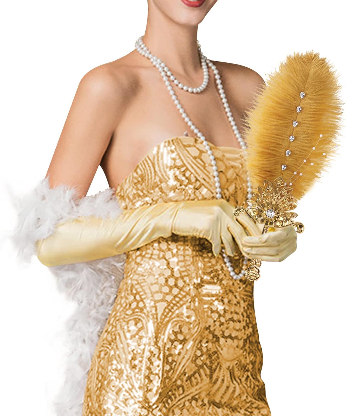 Vijiv Ostrich Feather Fan Bridesmaids Hand Fans for Wedding Guests Bouquets Bride Great Gatsby 1920s Flapper Accessories Chic Art Deco Groom Feathers Boutonniere Gold