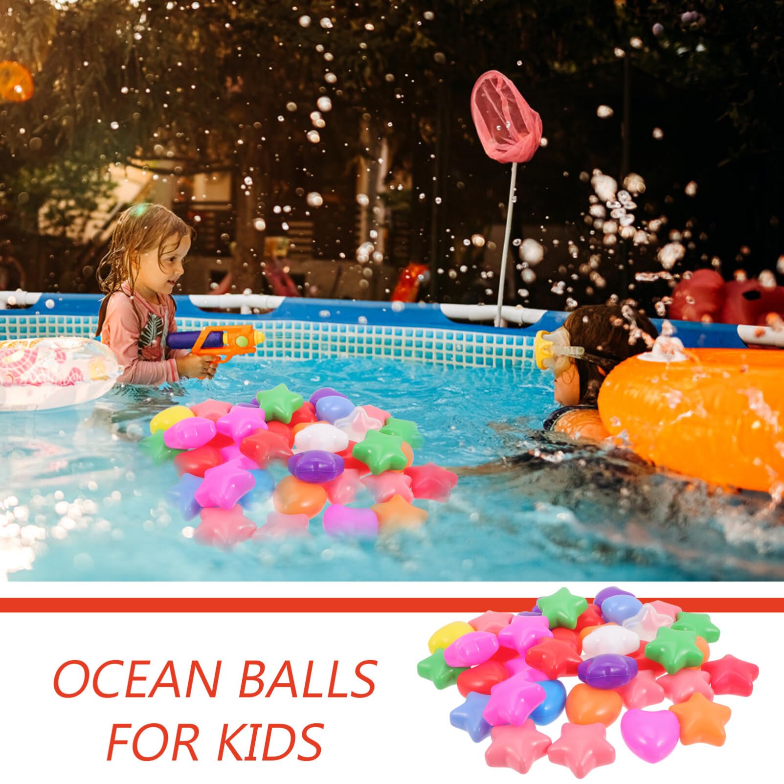 100 palline colorate dell'oceano a forma di cuore e stella, per bambini – giocattoli da nuoto in plastica per balli, feste e tempo di gioco