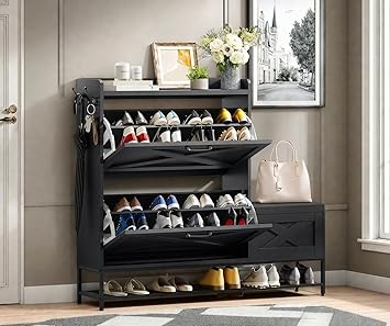 DWVO Farmhouse Shoe Cabinet Bench with 2 Flip Drawers for 16 Pairs, Chic Entryway Bench and Rustic Design for Living Rooms and Hallways (Black)