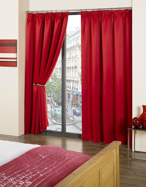 RAYYAN LINEN Thermal Pencil Pleat Blackout Tape Top Pair of Curtains With Free Tiebacks (46" X 72", Red)