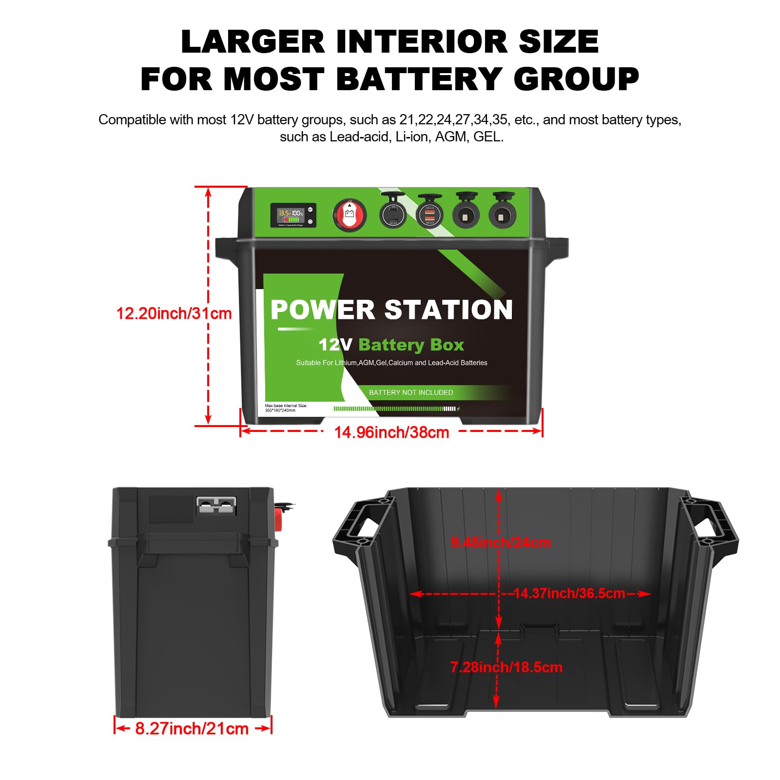 Battery Box Power Center with USB and Anderson Plug, Group 24-31 12V Waterproof Smart Battery Box for Marine, Boat, Trolling Motor, Outdoor Camping, RV (BM001)