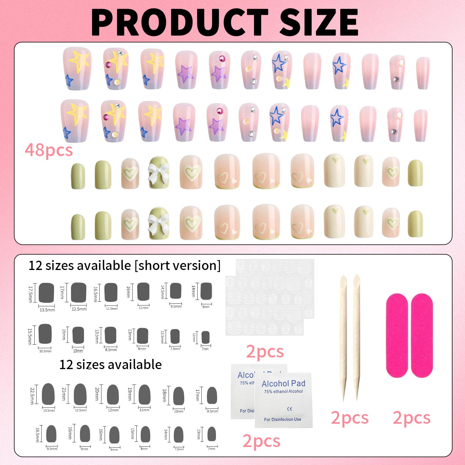 ExcellaElite 48 Pcs Kids Stick on Nails Sets for Girls Cute Full Cover Glitte Kids Press on Nails with Tools for Lovely Gift Art Decoration - Image 2