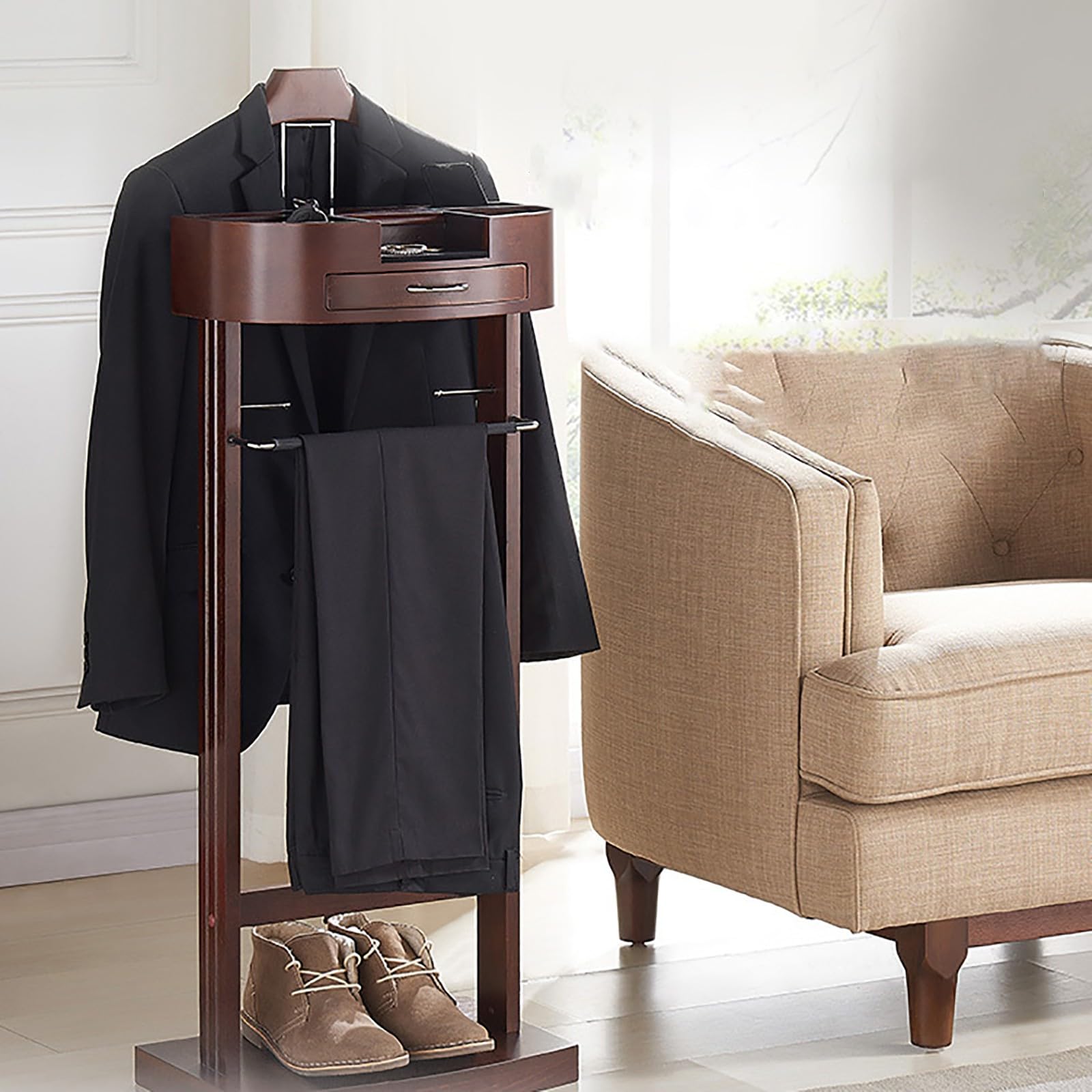 Valet Stand multifonctionnel, porte-vêtements en bois massif avec base et support de pantalon Valet Stand,Valet de vêtements debout au sol