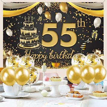 55th Birthday Decoration Background Door Decoration Banner Fabric Sign 55th Birthday Party Welcome Sign Poster Decoration Banner, Gold, Black, 59x35.4