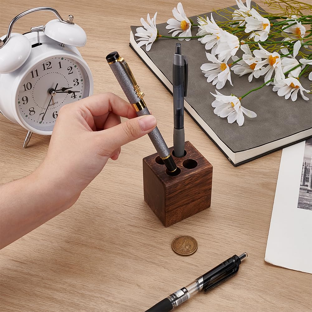 MAYJOYDIY Cuboid Wooden Walnut Pen Holder with 4 Round Holes Stylish Vintage Desk Organizer Pencil Holder Fountain Pen Tray for Home Office Classroom Desktop Stationery Accessories - Image 3