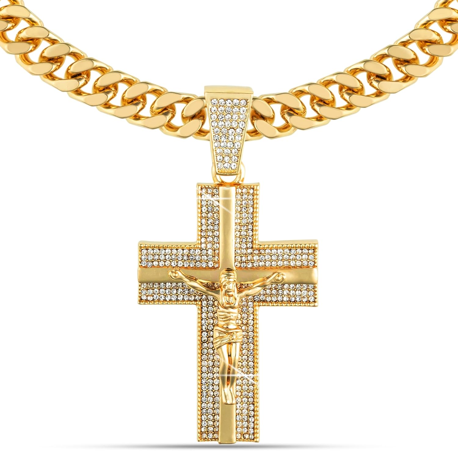 Large Cross Jesus Necklace for Men Gold Silver Plated 5A+ Cubic Zirconia Solid Iced Out Cuban Link Luxury Diamond Chain Jewelry Set