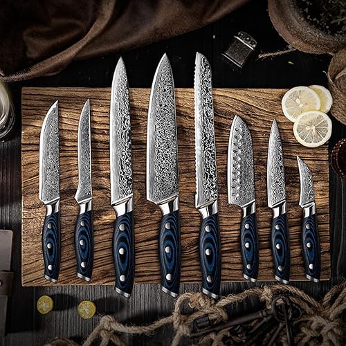 Juego de cuchillos de cocina de lujo, 8 piezas, cuchillo de chef de Damasco VG10, 67 capas, súper acero, afilado, cuchillo de chef fácil de cortar,