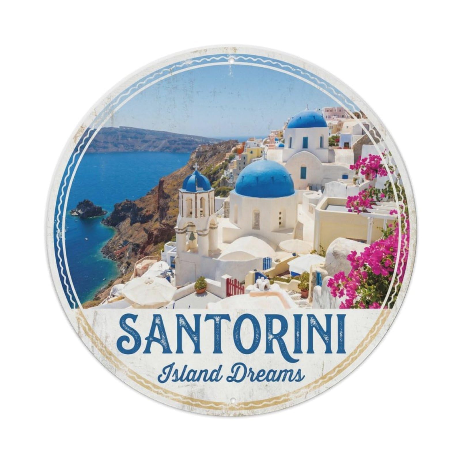 Vintage Travel Santorini Greek Islands Metal Tin Sign Plaque Wall Decor for Cafe, Club Bar, Office, Home Garden Round Metal Poster 8x8Inch