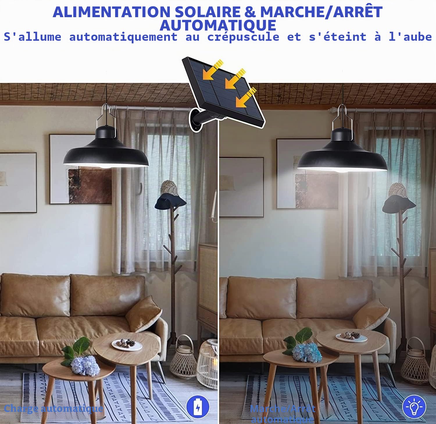 Luminaire Solaire Suspendue pour Intérieur et Extérieur, Réglable, avec Télécommande, 2800K, 4500K, 6500K, Étanche, pour Grange, Remise, Pavillon, Terrasse, Jardin, Maison
