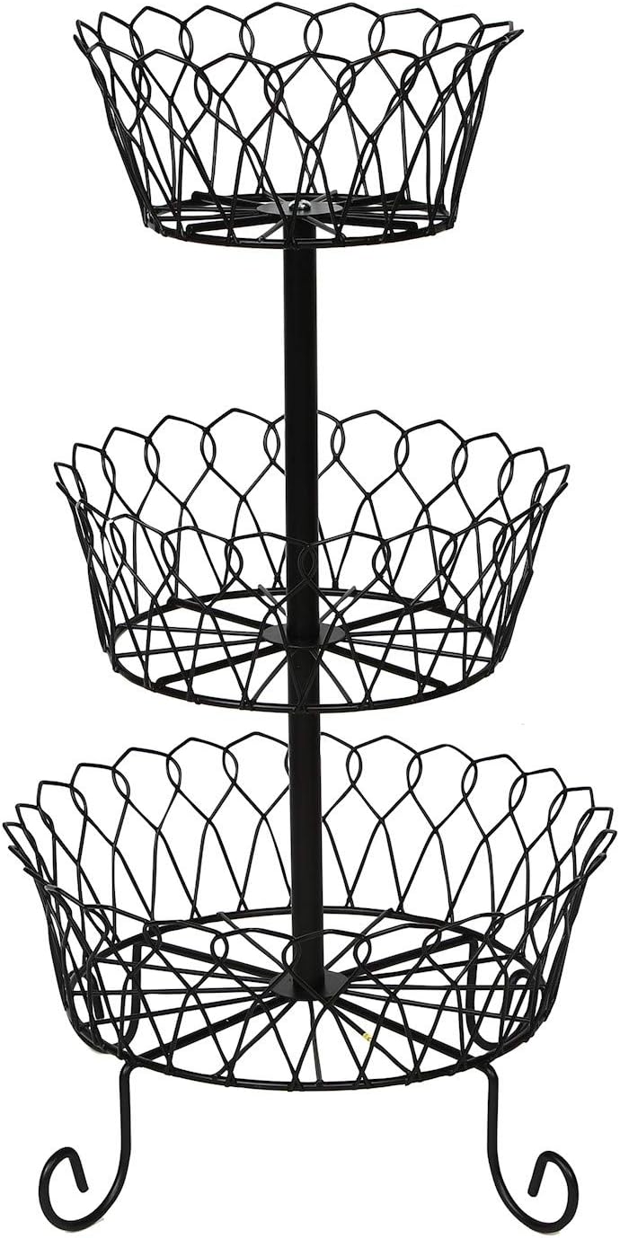 HOME DISTRICT 3-Tier Fruit Basket Stand - Footed Iron Wire Graduated Food Storage Bowls for Countertop and Dining Table, 17" H, 9.5" Dia.