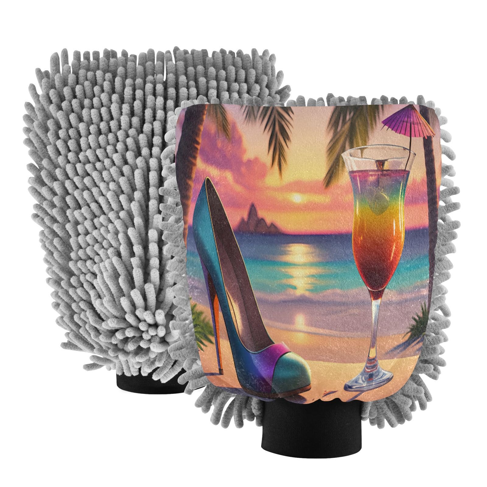 STAYTOP Sunset Cocktail Car Wash Mitt Microfiber, 2Pcs Scratch Free Lint-Free, Premium Chenille Microfiber Mitt Car Wash Brush-L