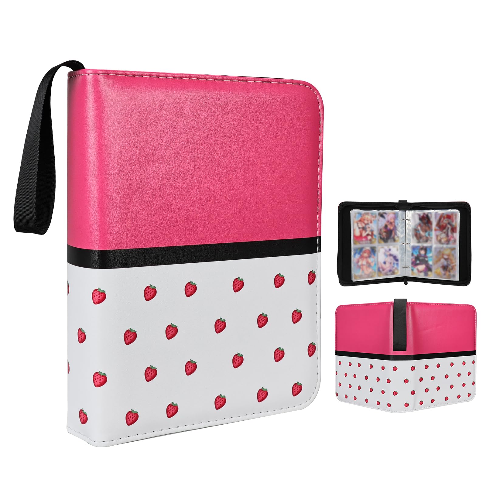 Collectible Trading Card Albums,4 Pocket Card Binder, 400 Double Sided Pocket,PU Premium Zip Trading Card Binder for TCG, MTG,Sports Cards (Pink Red