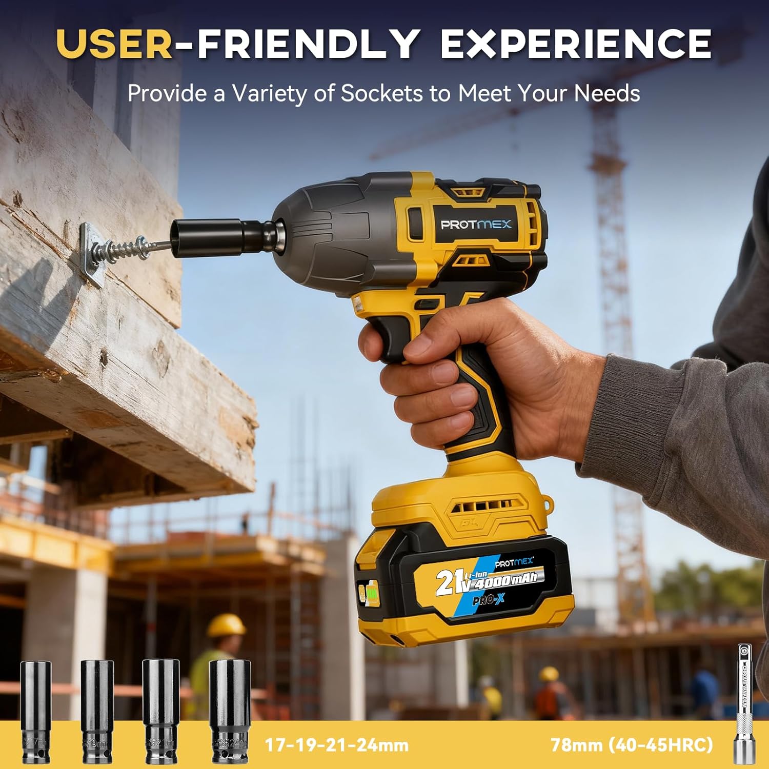 Protmex C06302 Impact Wrench with included accessories: two batteries, charger, four sockets (17mm, 19mm, 21mm, 24mm), and an extension rod, all neatly arranged.