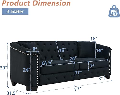 Miniatura 2 de mikibama Moderno sofá Chesterfield de terciopelo, sofá modular de 77 pulgadas, sofá tapizado de lujo de 3 plazas con brazos de cabeza de clavo y 2