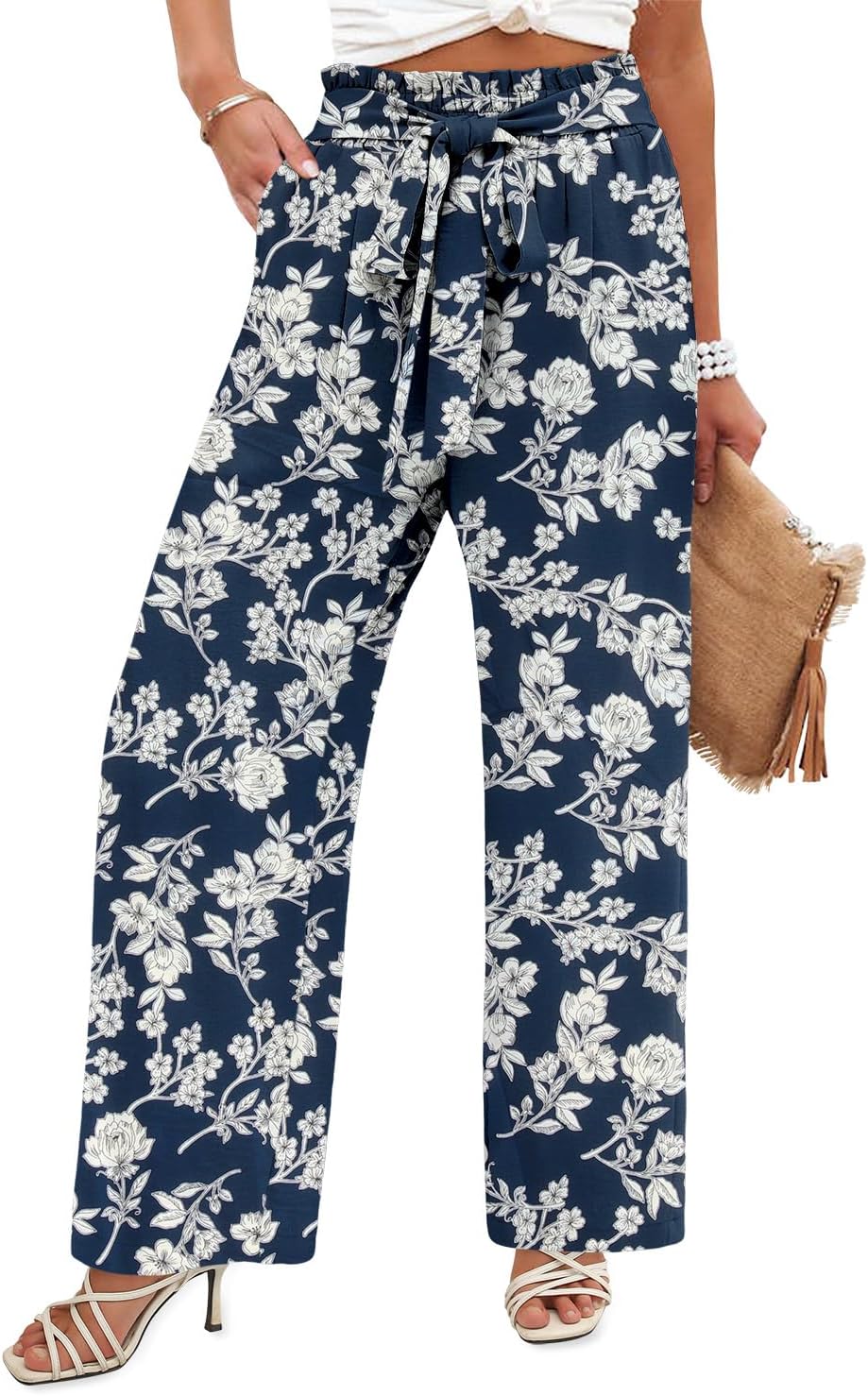 Angerella Womens Wide Leg Pants High Elastic Waist Adjustable Knot Casual Flowy Trousers Business Work Pants with Pockets