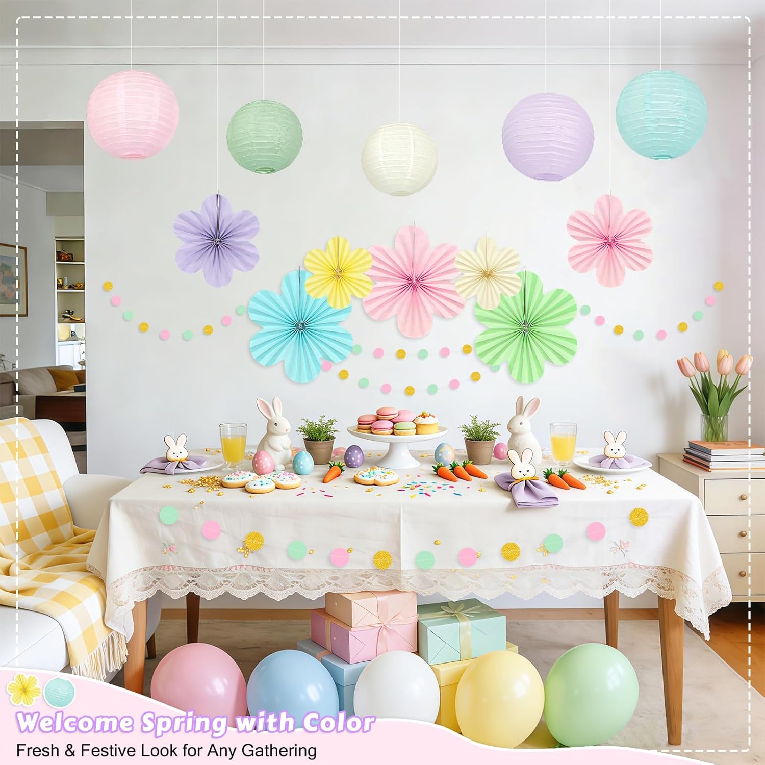 20Pcs Pastel Party Decorations & Hanging Paper Lanterns - Flower Fans Set with Glitter Garland for Pastel Classroom Decor, Office, Baby Shower, Wedding, Spring & Easter Wall Decor - Image 8