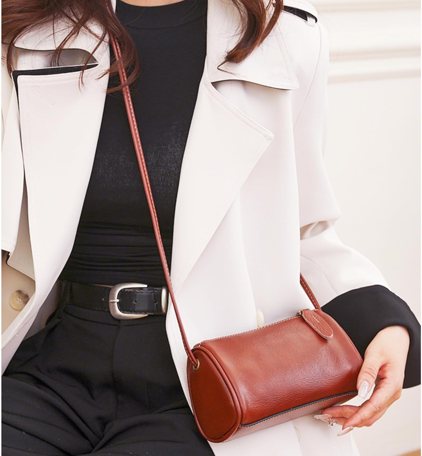 Eiyye Genuine Leather Crossbody Bag for Women Small Barrel Purse Hobo Bags Vintage Top-Grain Shoulder Bag - Image 6
