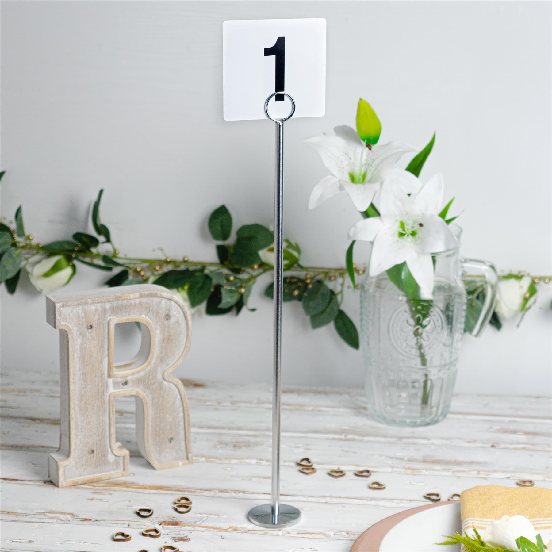 Argon Tableware 25 x Silberne Tischnummern mit 46 cm Haltern – Tischkarten-Schilderständer-Set für Hochzeiten, Namensanzeige für Fotomenüs, Party-Dekoration aus Metall