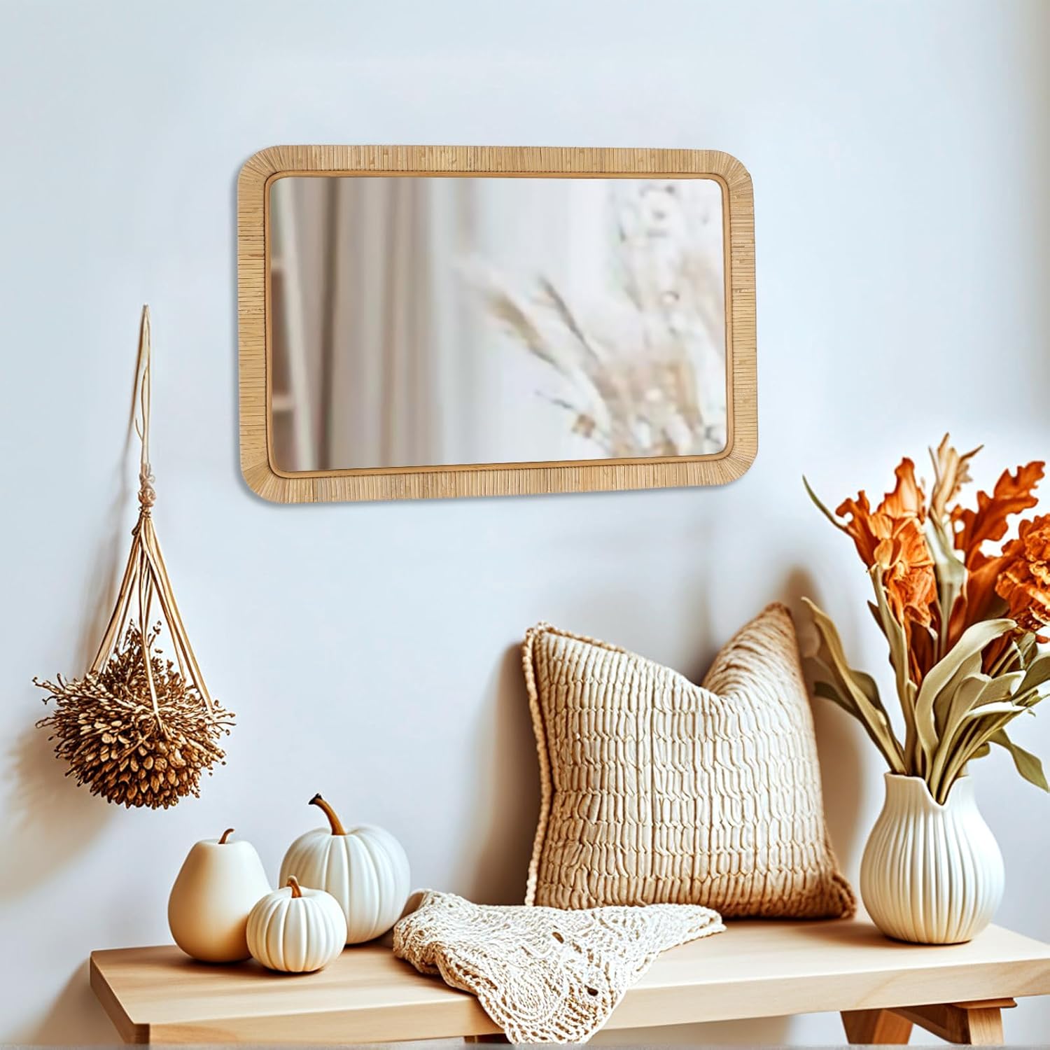 FUIN 20" x 30" Rattan Wicker Rectangle Wall Mounted Bathroom Mirror for Coastal Boho Nursery Decor, Natural