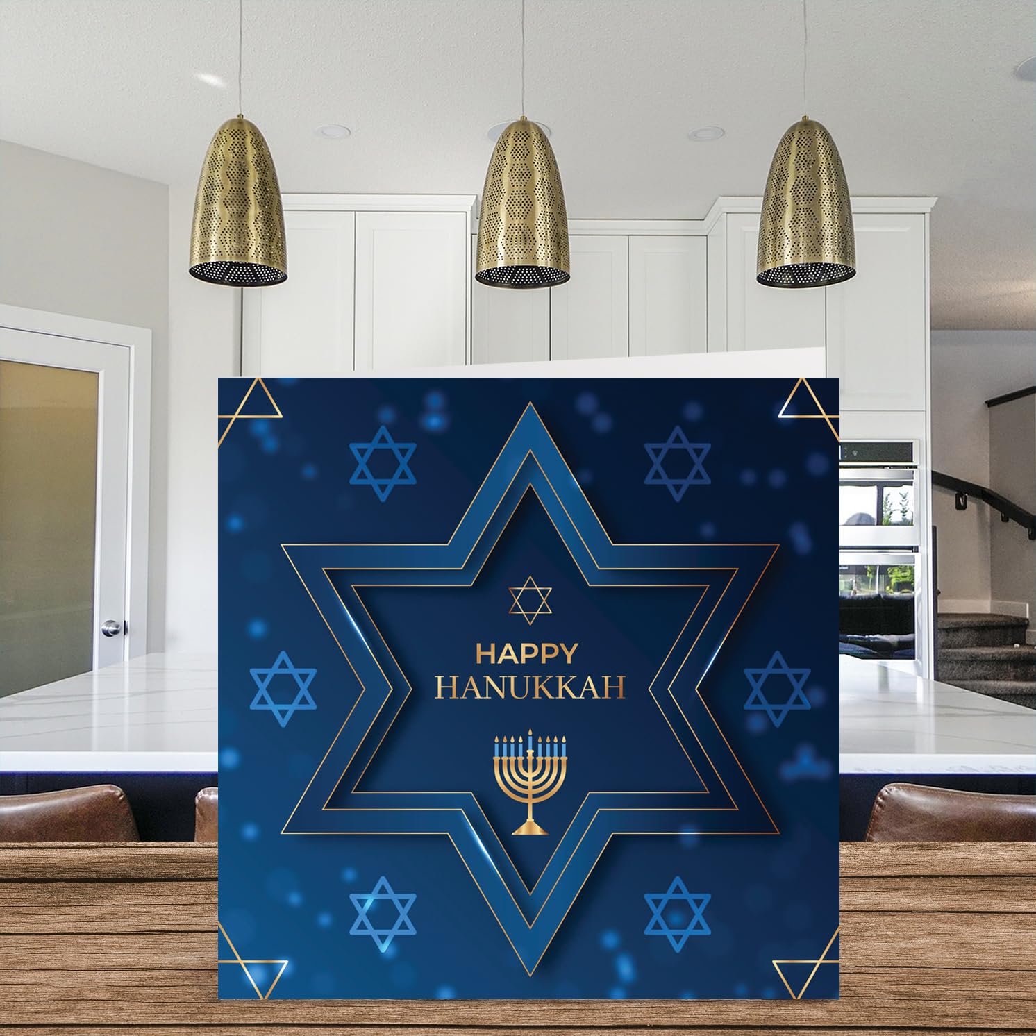 Masterpiece - Set Di 16 Biglietti D'auguri Per Hanukkah Con Lamina Oro. Design Geometrico Stella Di David, Buste Abbinate. 14x19 Cm.