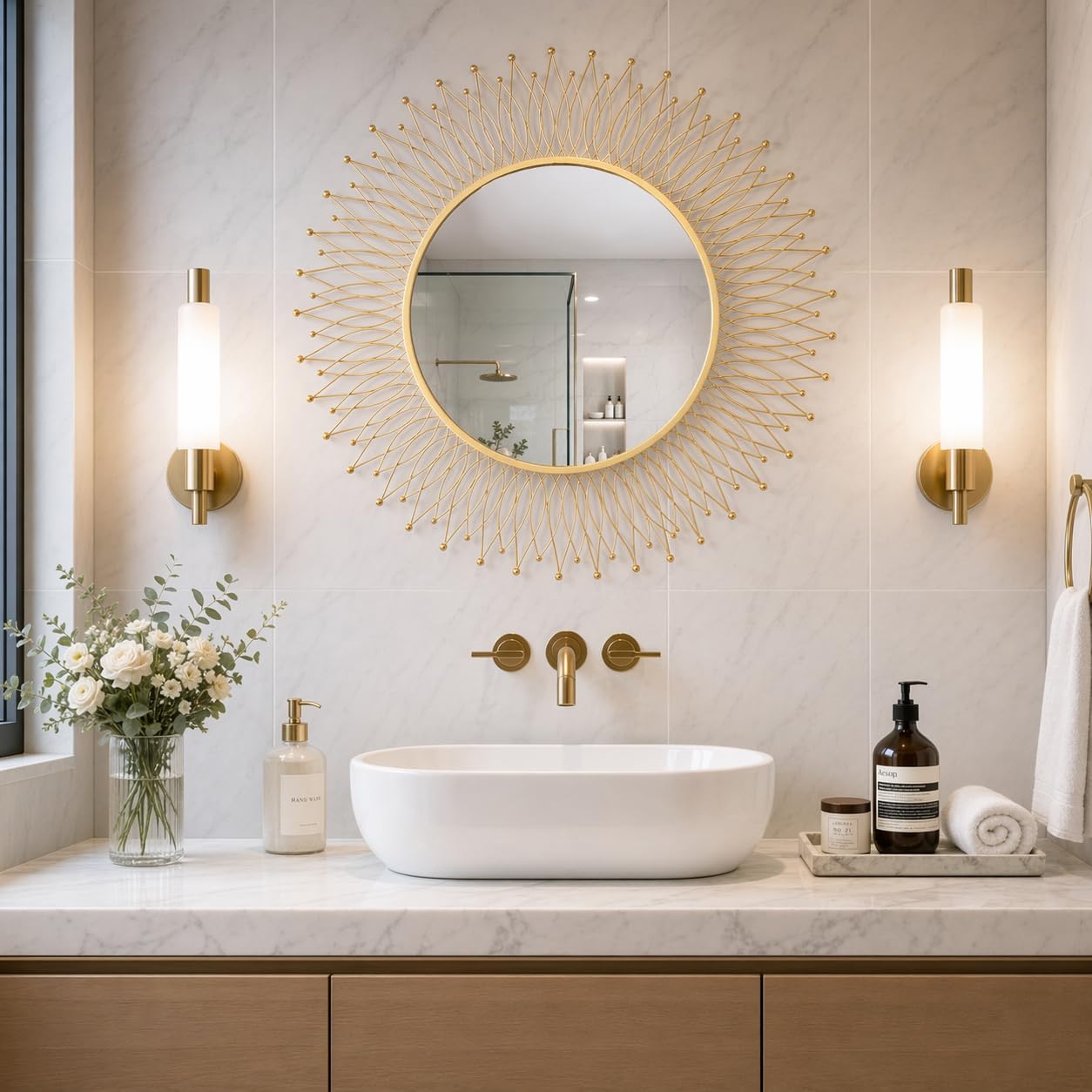Sidra Decor® Metal Modern Stylish Wall Mirrors Round Circle Sunburst Gold European Decorative Mirrors of Wall Mounted Handmade Makeup Mirror for Living Room Hallway Bedroom 24'' Gold-image-47
