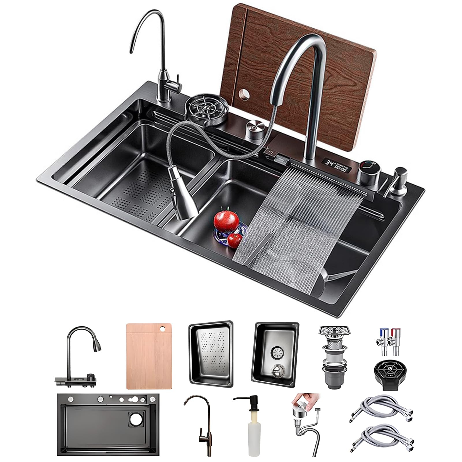 ZQFHSX Waterfall Black Stainless Steel Rectangular Kitchen Sink 1 Bowl 90x50cm with Extendable Faucet, Siphon and Overflow, Multifunctional Bar Sink, Workstation Kit
