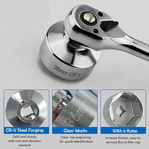 Miniatura 4 de Juego de llaves de filtro de aceite de 7 piezas, 38 pulgadas, juego de vasos de aceite de perfil bajo, herramienta universal para quitar tapones de