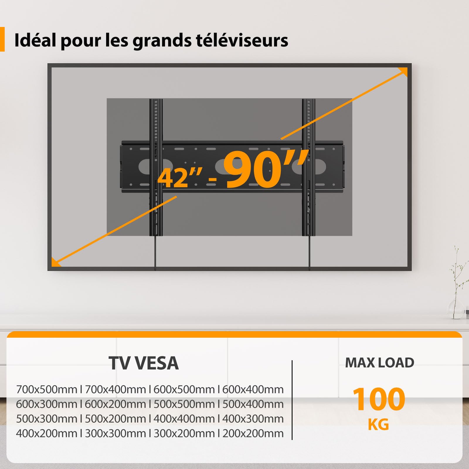 Support Mural TV Fixe Extra Plat pour Écrans 42-90 Pouces ecran,Fixation Murale Tele Grande Taille Lourde Compatible VESA 200x200-700x500mm,accroche Television Mural Charge 100 kg
