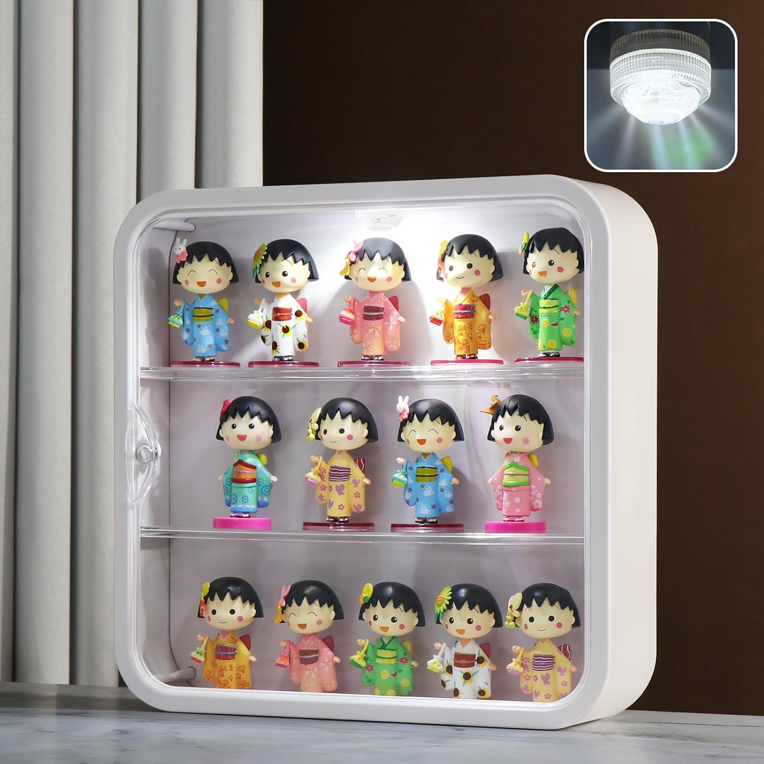 Wall Mounted Clear Display Case for Pop Mart, LED Illuminated 3-Tier Figure Display Box with Magnetic Door, Dustproof Floating Shelf for Figures, Blind Box Storage, No-Drill Design