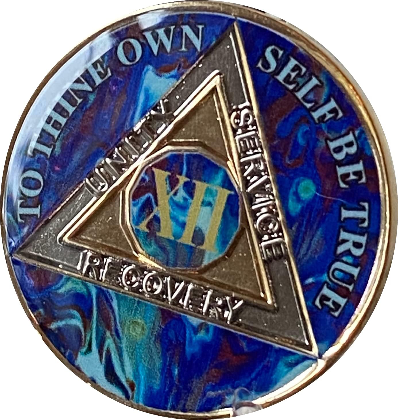 12 Year AA Medallion Sapphire Blue Swirl Tri-Plate Sobriety Chip