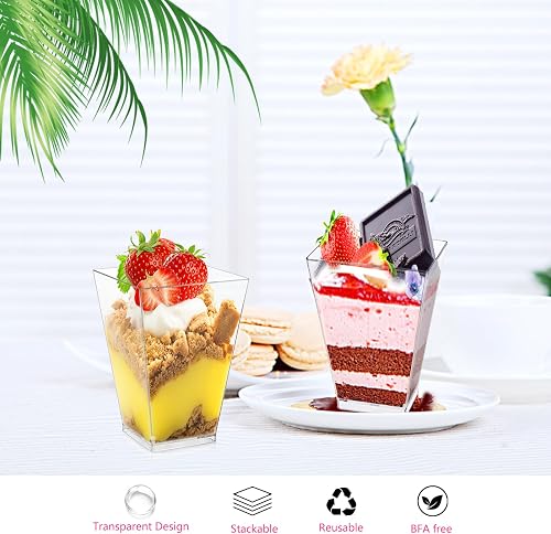Froasia Lot de 40 tasses à dessert avec cuillères et couvercle, 160 ml, verres à dessert en plastique, transparents, réutilisables, carrés, pour la maison, les desserts, le pudding, la mousse, les - 4
