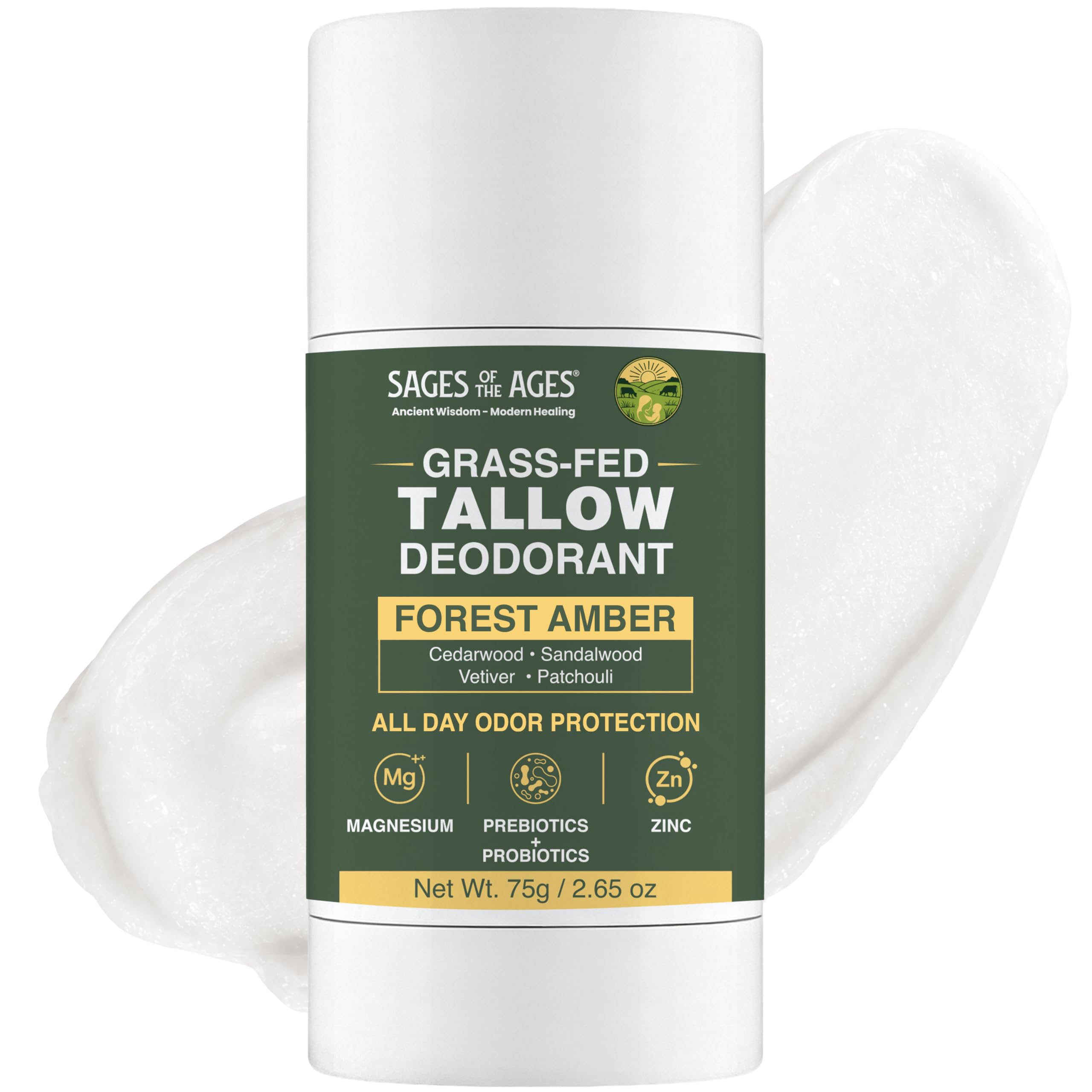 SAGES OF THE AGES Beef Tallow Deodorant for Men & Women, Aluminum Free & Baking Soda Free Natural Deodorant with Magnesium, Prebiotic & Probiotic, 24 Hour Odor Protection, Forest Amber, 2.65 oz
