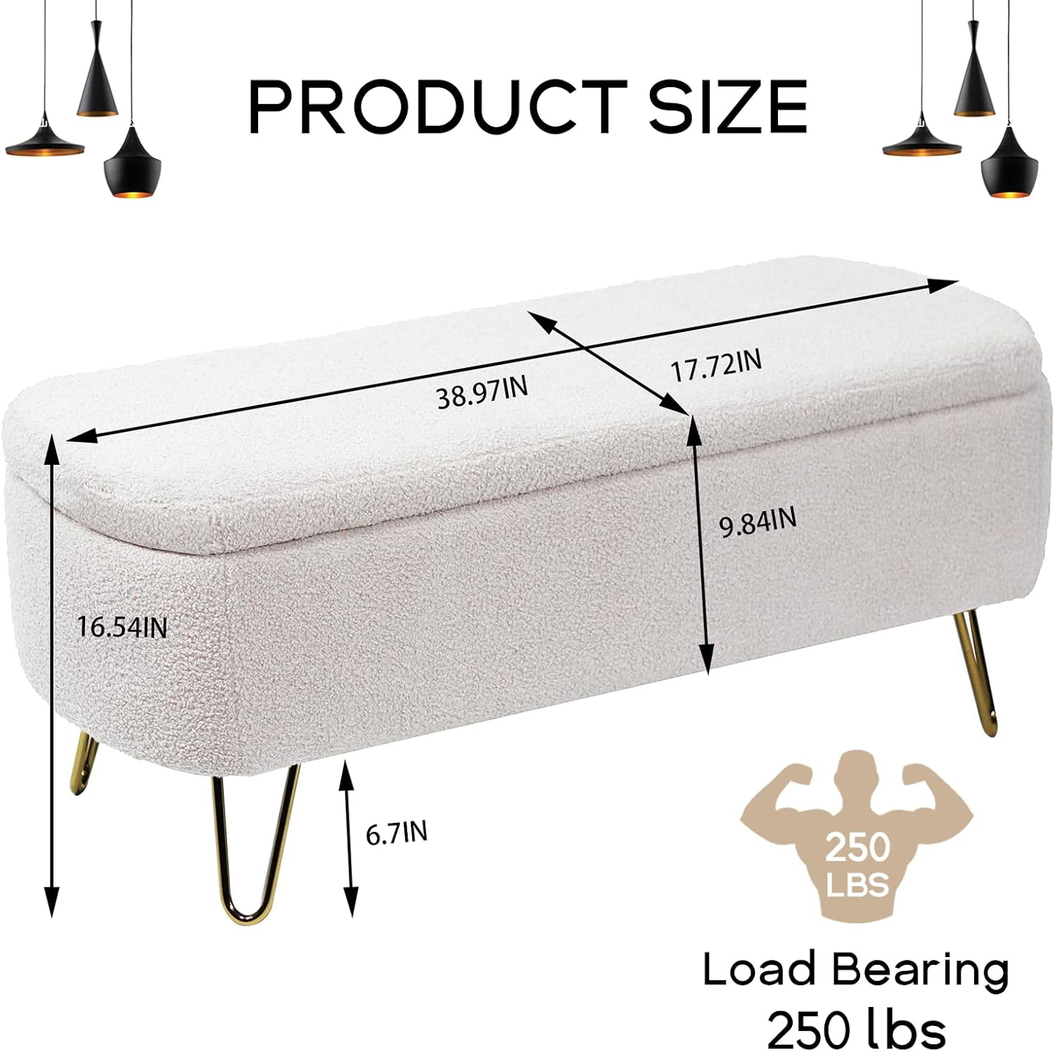 Modern Storage Ottoman Bench, Vintage Boucle Upholstered Entryway Bench, End of Bed Bench with Gold Legs, Padded Bench with Storage for Living Room, Bedroom, Entryway (Ivory)