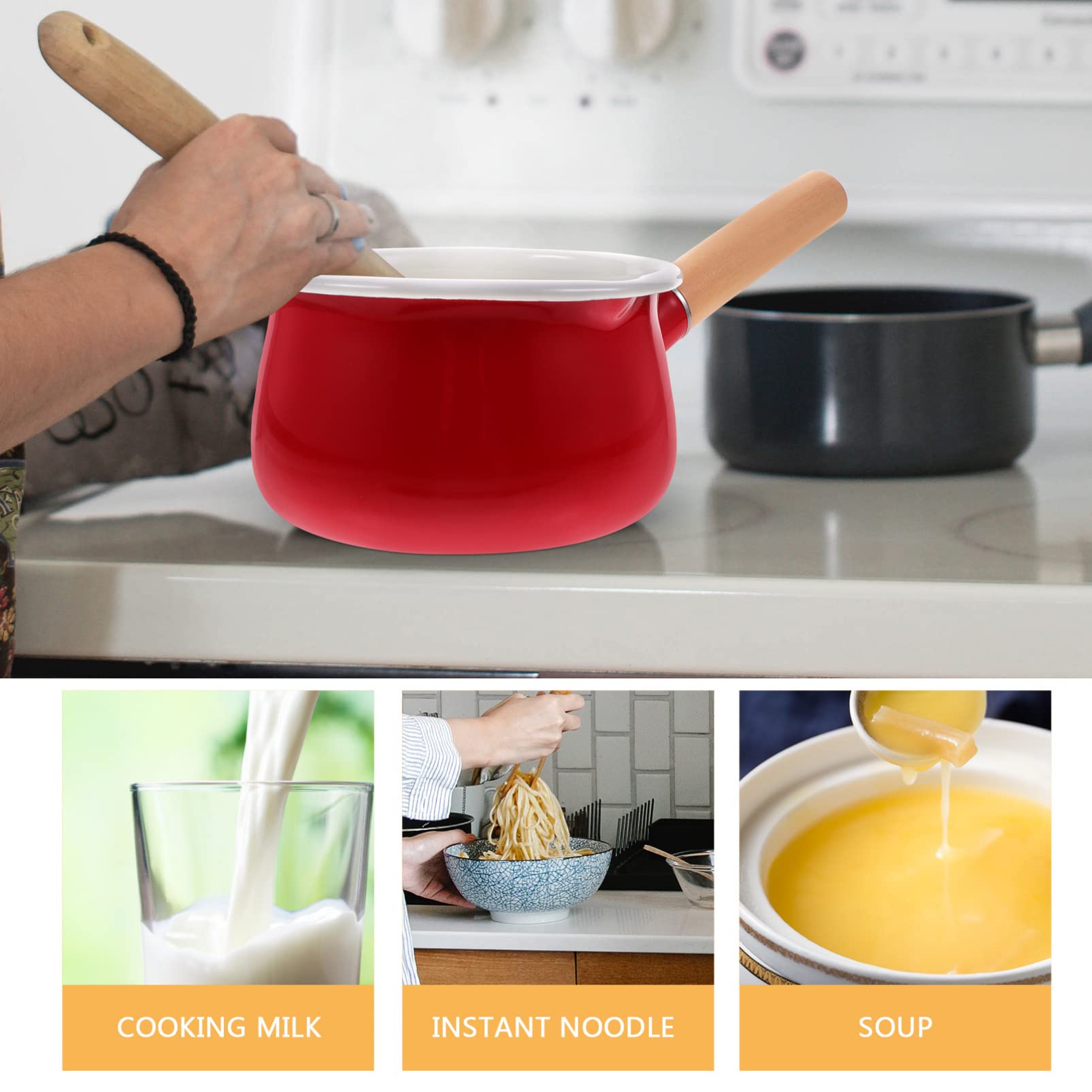 Ciieeo Cacerola de Leche Esmaltada Antiadherente para Calentar Salsas y Alimentos Infantiles, Mango de Madera Resistente al Calor, Adecuado para Estufas Eléctricas y Cocina Doméstica