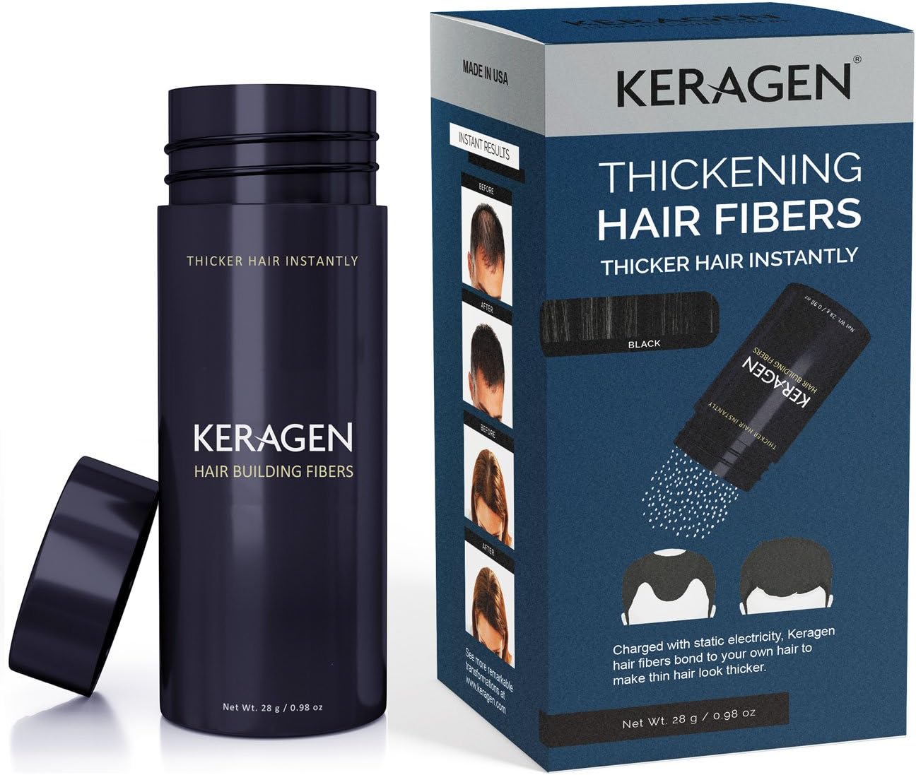 Hair Fibers Black | Thickening Hair Fibers Powder for Building and Filling Thinning Hair | Ideal for Men and Women | Keragen Fibers gives you Fuller, Thicker Hair Instantly