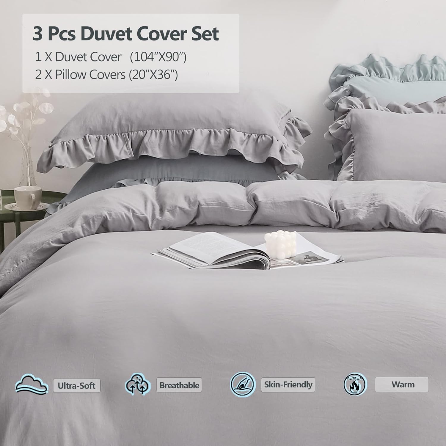 3 Pcs Duvet Cover Queen Size - 1 Gray Ruffle Duvet Comforter Cover with 2 Shabby Pillow Cases Ultra Soft Decorative Farmhouse Zipper Closure Breathable Quilt Cover Set Washed Cotton Bedding Bag Set
