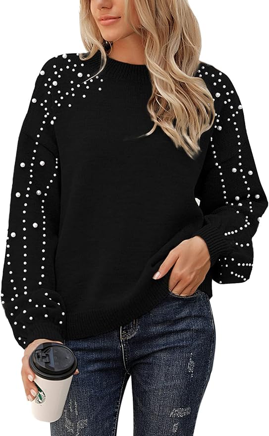 Women's Chunky Knit Sweater – Crew Neck With Lantern Sleeves & Pompom Pattern, Cozy Fall/Winter Top