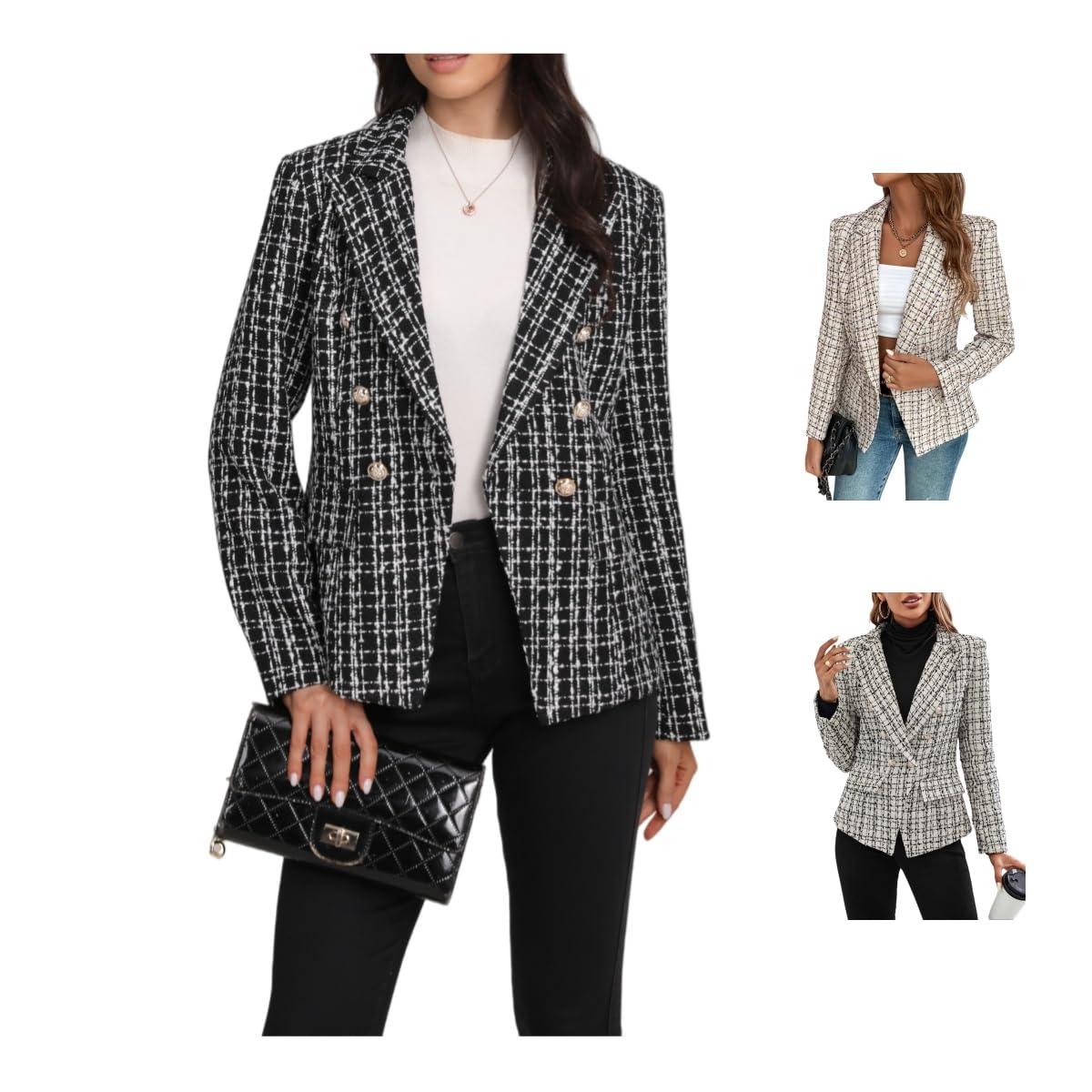 Womens Tweed Blazer Classic Plaid Pattern Slim-fit Cropped Jacket