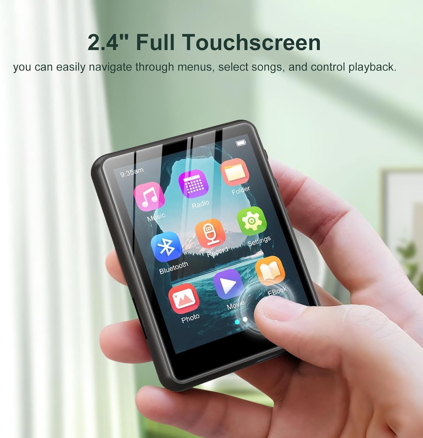 A hand interacting with the 2.4-inch full touchscreen of the ZAQE M4 MP3 Player, highlighting its touch interface.