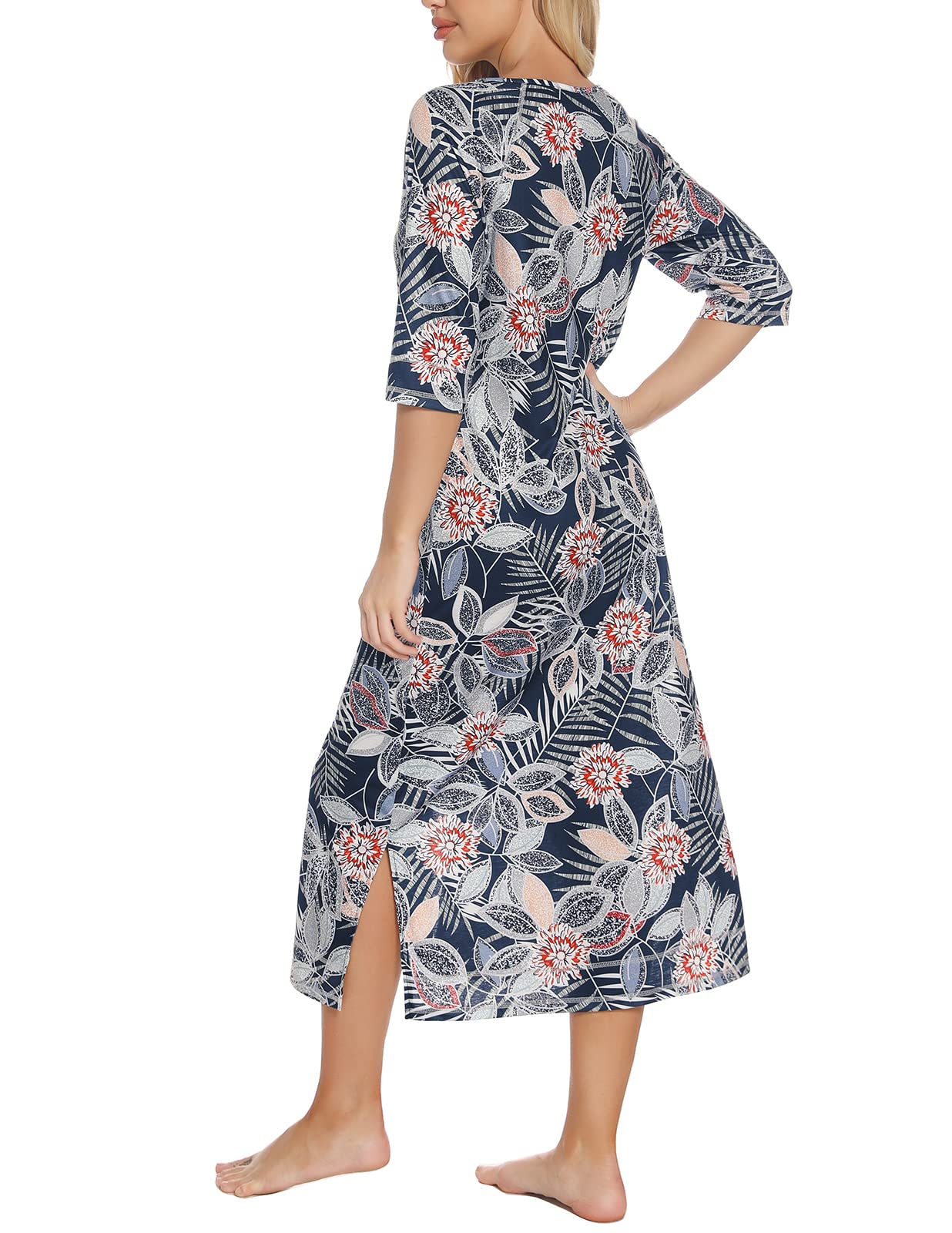 Rubehoow House Coat Damen-Bademantel mit Reißverschluss vorne, halblange Ärmel, volle Länge, weiche Baumwolle, Staubmantel mit Taschen