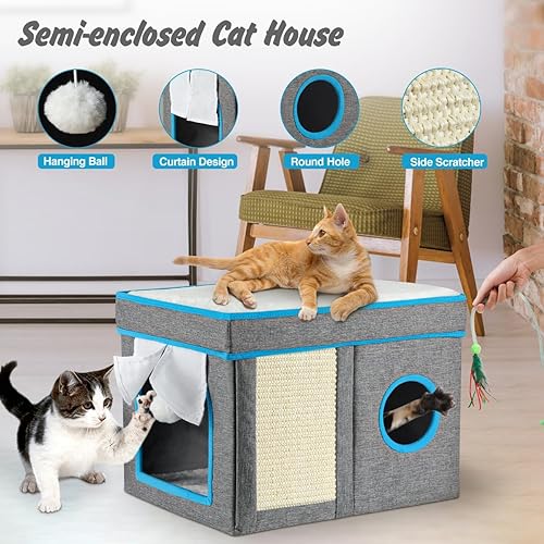 Miniatura 3 de VavoPaw Camas para gatos de interior, condominio plegable para gatos con bola esponjosa y almohadilla para rascar, acogedora cama para gatos para