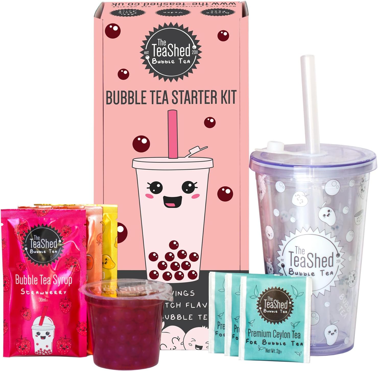 THE TEASHED Boba Starter Kit - Reusable Cup & Straw, Syrups, Tea & popping Boba, Vegan, 3 servings