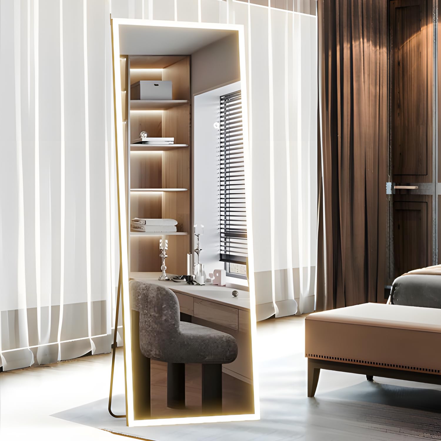 Specchio a figura intera a LED 160 x 50,8 cm, specchio rettangolare grande corpo per camera da letto soggiorno appeso o appoggiato alla parete telaio in lega di alluminio