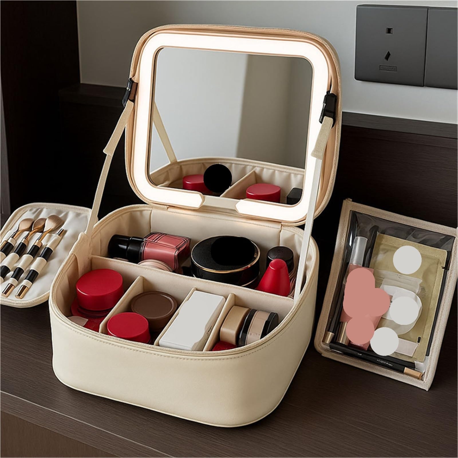 Borsa for Il Trucco per i Viaggi | Organizzatore di strumenti cosmetici for trucco in pelle PU con specchio(Beige White)