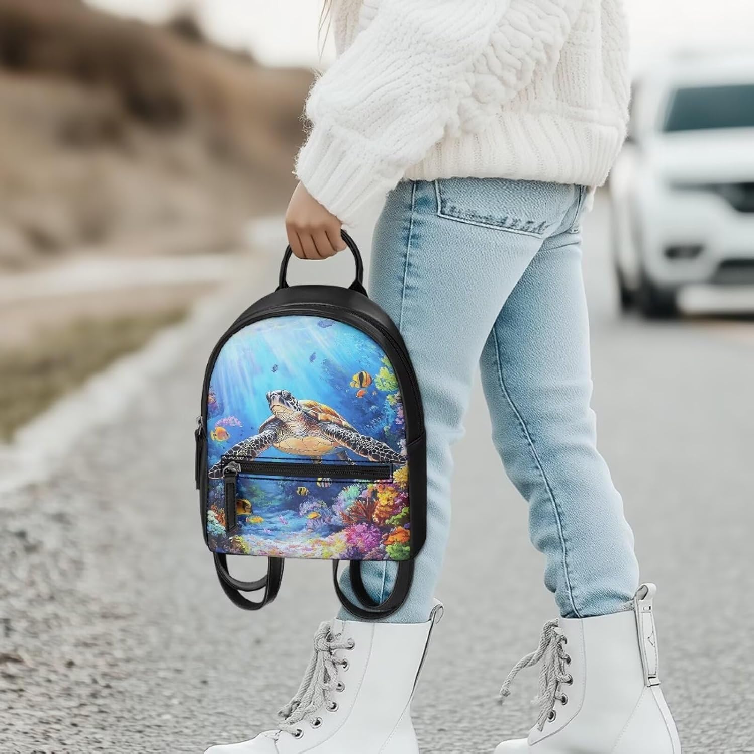 HUGS IDEA 3D Sea Turtle Mini Backpack for Women Fashion Leather Backpack with Adjustable Strap Lightweight Daypack for Travel/Shopping/Hiking Waterproof Shoulder Backpacks