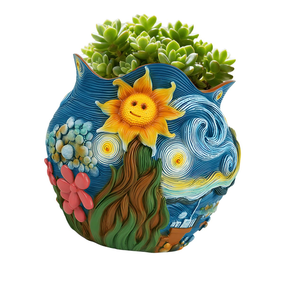 Kangnice Decorative Resin Flower Pots Sunflowers Pattern for Home Garden Plant Drainage Included Succulents Planter